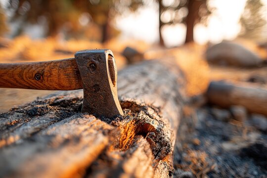 Axe resting on a tree stump during sunset in a forest setting