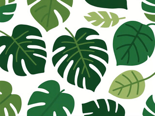 Seamless vector pattern of tropical monstera leaves in different shades of green, flat style, modern minimalist design, white background, perfect for fabric or wallpaper
