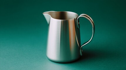 Stylish stainless steel milk jug placed on a teal background showcasing modern kitchen design elements