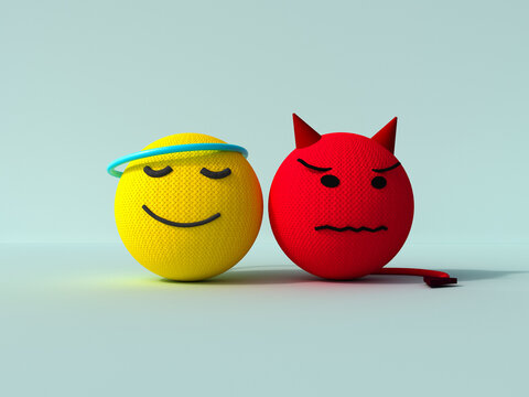 3d rendering of innocent and angry knitted wool emoji characters
