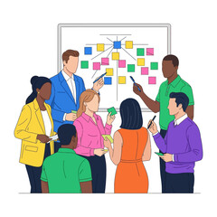 Business Brainstorming Session: A dynamic group of business professionals gather around a whiteboard during a brainstorming session.
