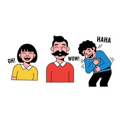 Expressive Laughter: A humorous illustration showcases three figures reacting with varying degrees of amusement, from a simple Wow! to full-blown laughter.