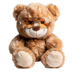 Adorable brown teddy bear wearing round glasses, sitting on a transparent background. background removed