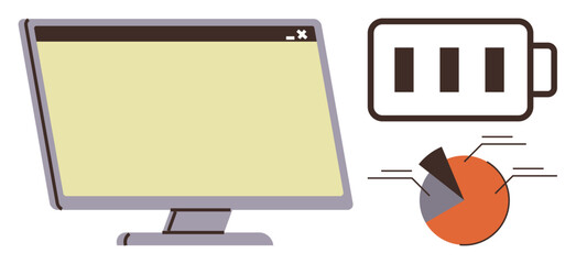 Desktop computer screen with browser layout, battery sign with three bars, and labeled pie chart. Ideal for energy monitoring, data analysis, productivity, efficiency, economy, time management