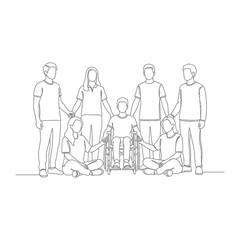 Embracing Unity: A line-drawing depiction of a united group, signifying inclusivity, and support, centered on a figure in a wheelchair, and capturing the essence of compassion.