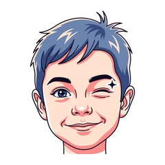 Playful Wink: A digitally-crafted image of a young boy with charming blue hair and an expressive wink. The illustration has vibrant colors and clean lines.