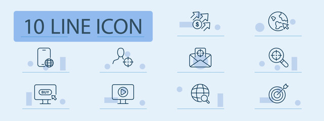 Digital marketing set icon. Line icons of globe, targets, magnifiers, screens, play buttons, arrows, emails, and people used for ads, reach, analytics, campaigns, browsing