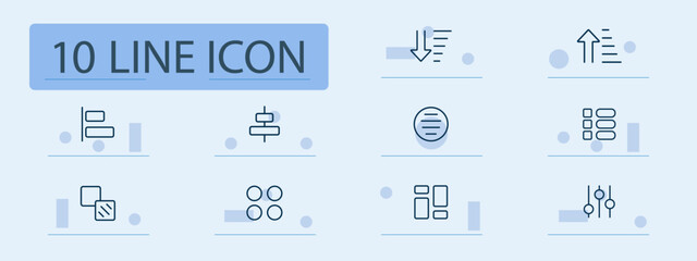 Sorting and layout set icon. Arrows, sliders, grid, blocks, bars, dots, rectangles arranged to represent filter, sort, organize, group, structure, display interfaces