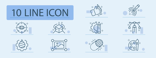 Design process set icon. Includes pencil, brush, settings, color, cube, eye tracking, shapes, image tools, vector paths, and stylized creative controls for digital artwork creation.