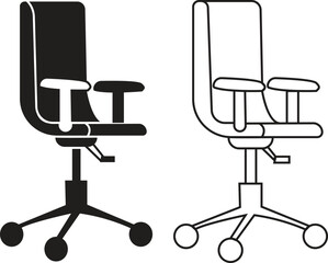 Office chair icons set black flat and outline styles vectors collection, ergonomic furniture bundle, swivel seat silhouette, adjustable backrest symbols, modern workplace seating illustration designs.