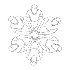 Collective Unity: An overhead minimalist outline of individuals, united in collaborative spirit, forms a circle. This graphic encapsulates the essence of teamwork, synergy, and collaboration. 