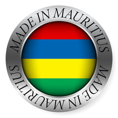 Made in Mauritius button icon. Circular emblem with metallic border, glossy central flag, and bilingual label indicating product origin and international manufacturing identity.