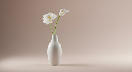 Elegant White Flowers in a Simple Ceramic Vase with Soft Lighting and Neutral Background	
