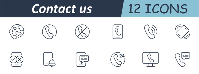 Contact us set icon. Linear icons depict phones, ringing signals, devices, missed calls, chat bubbles, notifications, support availability, and mobile communication tools