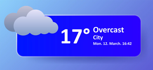 Weather forecast icon. Gray clouds without rain, deep blue background, temperature reads 17 degrees, label includes city name, date, and time