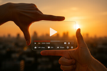Fototapeta premium A hand frames a digital video interface against a vibrant sunset, symbolizing online content creation and video streaming. The sunset bathes the scene in warm light.