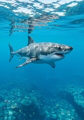 Fototapeta premium Great White Shark Swimming Underwater in Clear Blue Ocean Water
