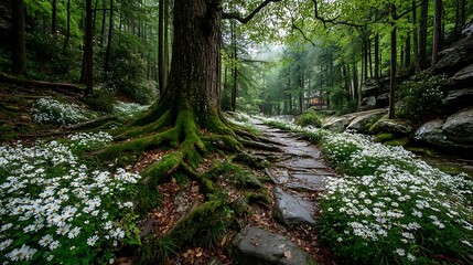 Obraz premium this photograph captures a forest floor covered in white flowers next to a stone path. a large tree with exposed roots covered in moss sits on the edge of the path