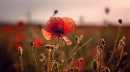 Obraz premium A vibrant red poppy flower bathed in golden sunset light, highlighting nature's beauty.