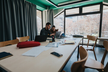 Two coworkers focus on a task at a bright office with large windows, laptops, and documents on the table, highlighting teamwork and productivity in a collaborative environment.