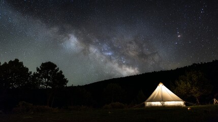 Tent under starry sky at mountain base camp, warm lantern glow inside, celestial effect.
