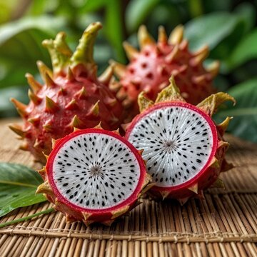 Pitayas enteras y cortadas por la mitad sobre estera de bamb&uacute; con hojas tropicales: fotograf&iacute;a hiperrealista de estilo de vida en 8K