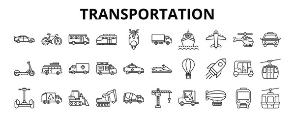 30 Transportation Line Icons Vector - Car, Bicycle, Bus, Train, Truck, Airplane, Ship, Ambulance