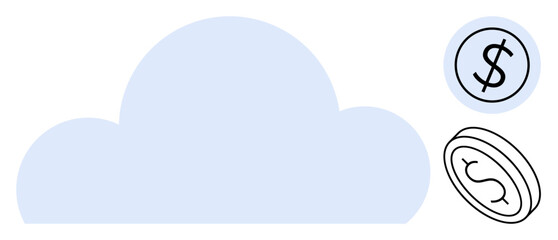 Large cloud element with floating coins featuring dollar signs. Ideal for finance, technology, cloud computing, digital economy, savings, investments, and cost analysis. Simple flat metaphor