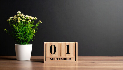 Wooden block calendar displaying September 1, rustic style date reminder. Labor Day. Time and event
