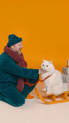 A close-up shot of Ded Moroz kneeling beside a fluffy white cat wrapped in a cozy red scarf. The cat sits on a wooden sleigh filled with wrapped gifts, its green eyes gleaming with curiosity. Ded Moro