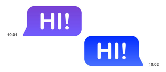Messaging interface icon. Two gradient speech bubbles with HI text, one emoji with heart face, one thumbs-up, timestamps on each side, white background.