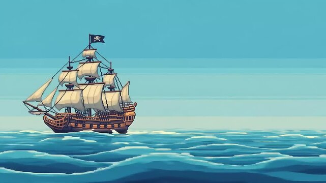 Pirate ship sailing ocean; clear sky; game asset