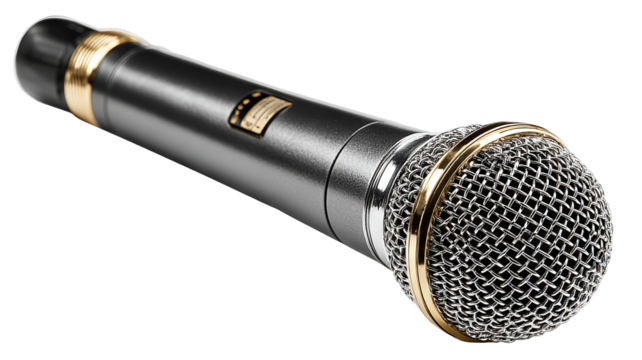 Studio condenser microphone isolated on transparent background — high-resolution PNG cutout with clean clipping path, ideal for podcasting, live streaming, voiceover and music recording graphics