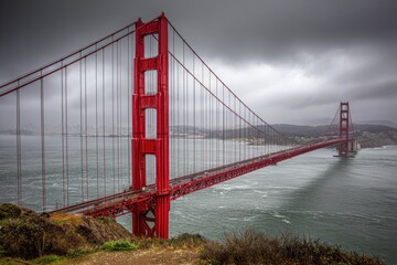 Fototapeta premium Red bridge spanning stormy bay