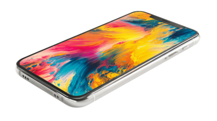 Modern smartphone mockup with vibrant edge-to-edge display and colorful abstract wallpaper, isolated on transparent background, high-resolution PNG cutout for app UI previews, product presentations