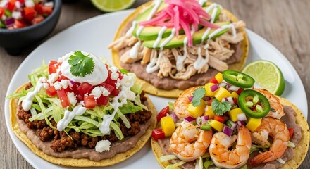 Assorted Delicious Tostadas with Chicken Beef and Shrimp Toppings