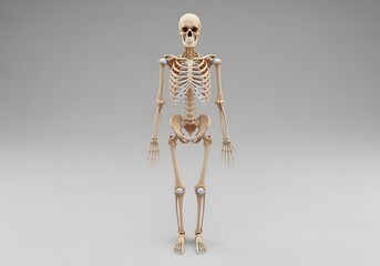 A full-body anatomical representation of a human skeleton standing upright against a plain, light gray background, showcasing its skeletal structure.
