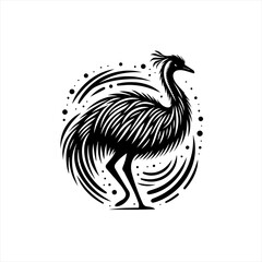 Fototapeta premium Stylized black silhouette of an emu bird with circular design elements