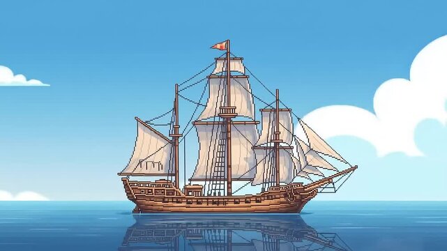 Pixel art sailing ship on calm sea, under a blue sky with clouds; game asset