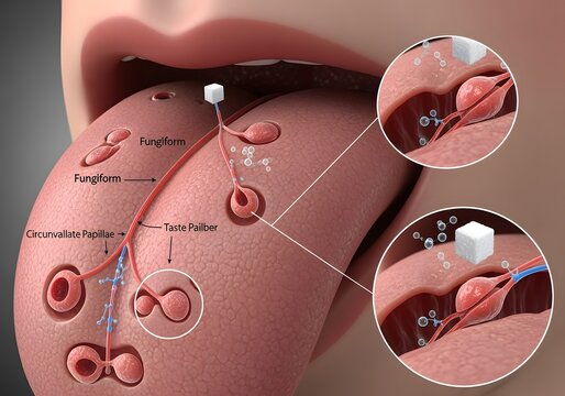 Detailed anatomical illustration of human tongue, showcasing taste buds and sensory pathways.