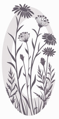 Minimilist silhouette illustration of daisies and other wild flowers within an oval shape on a white background vector