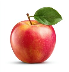 Single, red and yellow apple with leaf