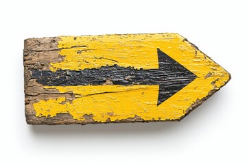 Distressed Wooden Arrow Sign with Black Directional Mark on Yellow Background