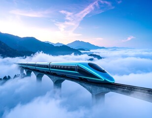 Futuristic high-speed train traversing a bridge above clouds at dawn, mountains in the background