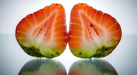 Freshly Cut Strawberry Halves on a Reflective Surface, Close-up, Food Photography