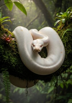 Albino ball python coiled on a mossy branch in a lush rainforest