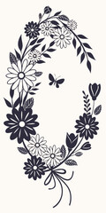 Minimilist floral oval frame with daisies, tulips, leaves, and a butterfly in monochrome black and white design art vector