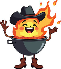 Flame character in pot wearing cowboy hat cartoon
