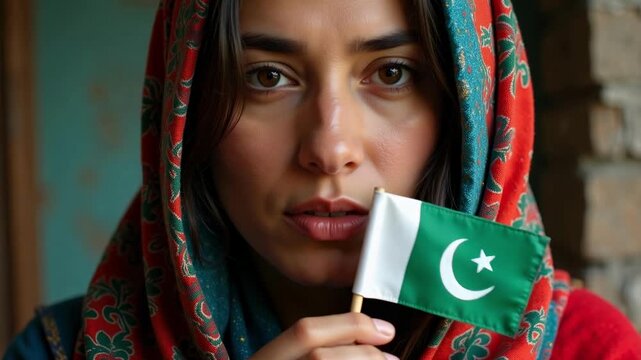 Proud Pakistani Pashtun woman holding national flag in vibrant close-up, celebrating heritage and patriotism with colorful shawl