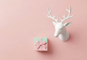 Pastel Pink Christmas Aesthetic with Deer Head and Gift Box Flat Lay for Holiday Season Marketing